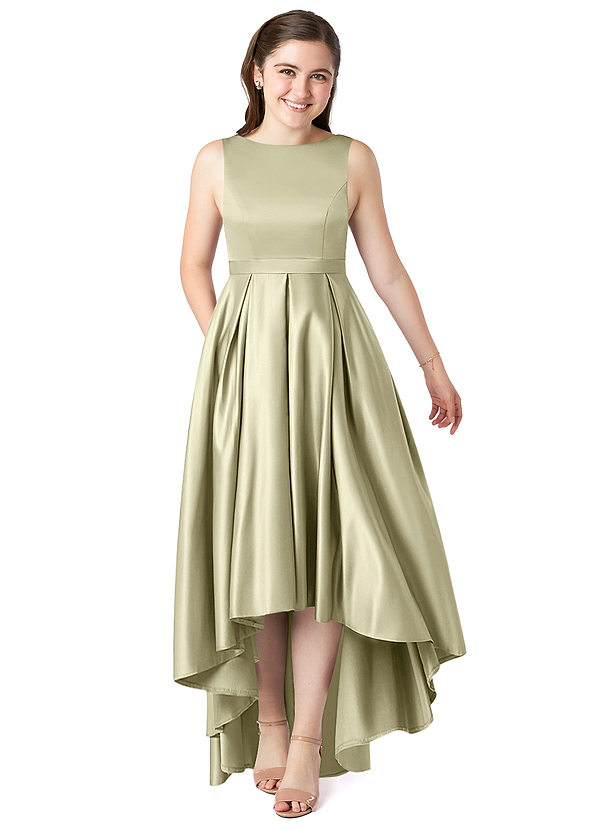 Azazie Inaya Junior Pistachio A-Line with Belt Stretch Satin Dress image1