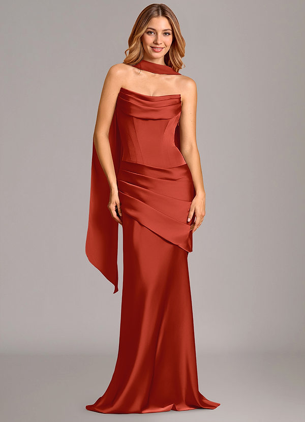 Azazie Pelagia 신부 들러리 드레스 인어 코르셋 스트레치 새틴 바닥 길이 드레스 image1