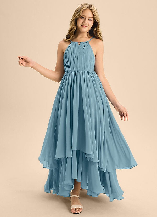 Azazie Elliora Junior A-Linie Plissee Chiffon Kleid Stimmungsvolles Blau image1