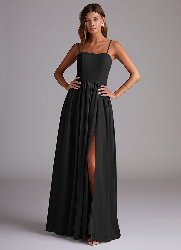 Azazie Calianna Bridesmaid Dresses Vestir Preto de Chiffon de Linha A com Fora do ombro image1