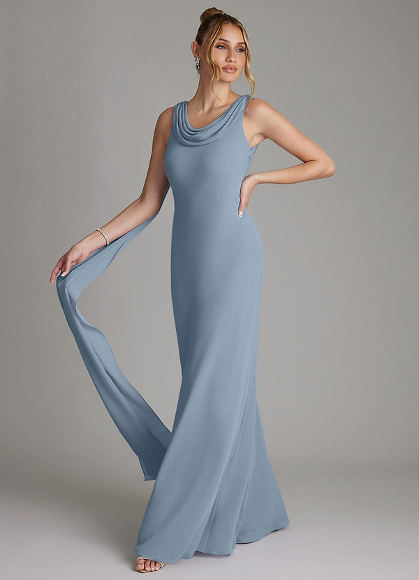 Azazie Jaya Bridesmaid Dresses Dusty Blue Sheath Pleated Chiffon Dress image1