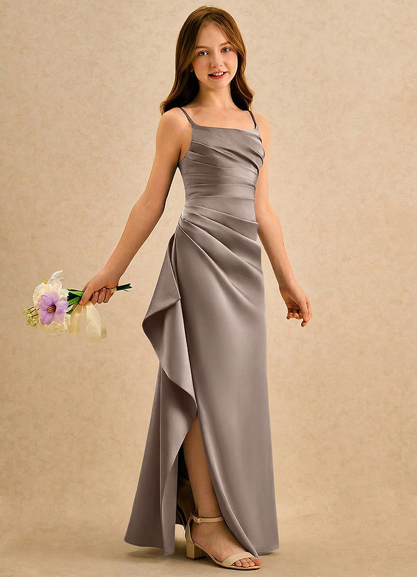 Azazie Cannoli Girls Formal Sukienki dla dziewczynek sypiących kwiaty Linia A Pofałdowany Matowy satynowy Długość podłogi Sukienka image1