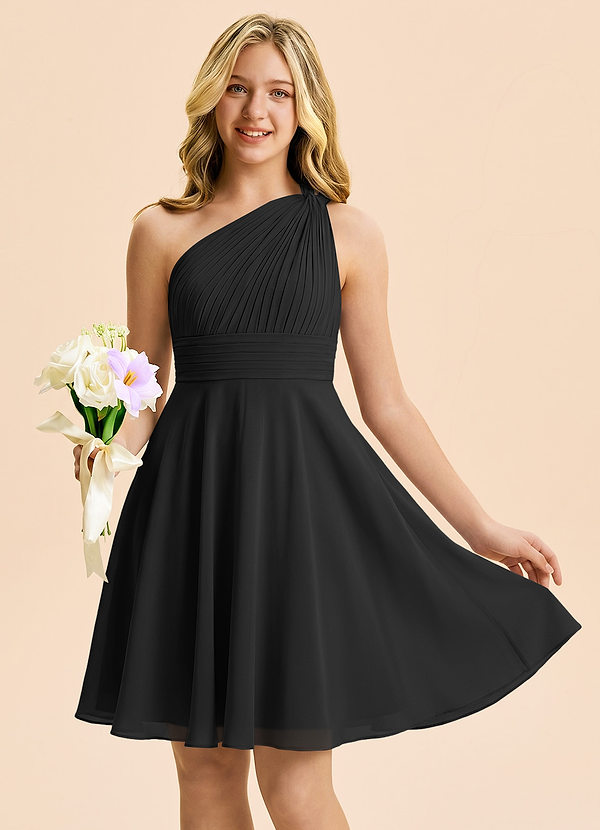 Azazie Charlize Junior Black A-Line Pleated Chiffon Dress image1