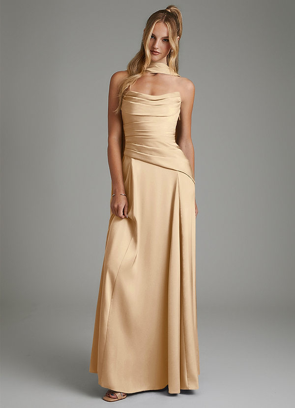 Azazie Gabriela Bridesmaid Dresses Champagne A-Line Corset Stretch Satin Dress image1