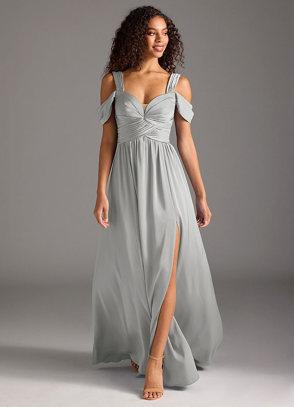 Azazie Lianne Bridesmaid Dresses Silver A-Line Off the Shoulder Stretch Satin Dress image1