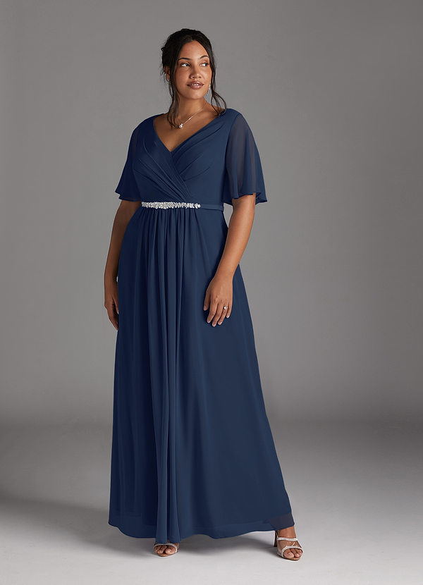 Azazie Tricia Mother of the Brides Dresses Dark Navy A-Line V-Neck Pleated Chiffon Dress image1