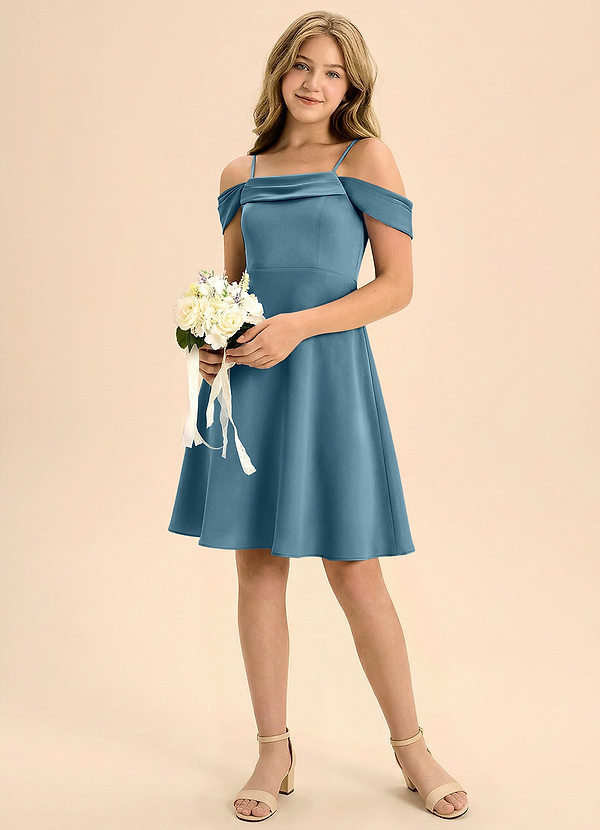 Azazie Anselie Junior Vestido de Bermudas de Satén Elástico de Corte en A con Plisado image1