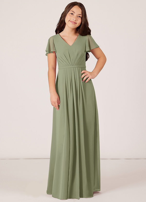 Azazie Peony Junior Pistachio A-Line Pleated Chiffon Dress image1