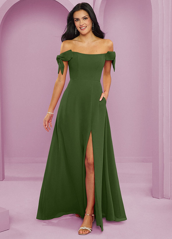 Barbie ♥ Azazie Bridesmaid Dresses Olive A-Line Off the Shoulder Chiffon Convertible Dress image1