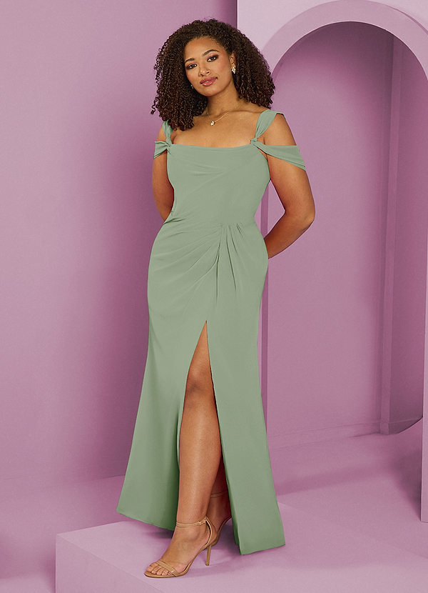 Barbie ♥ Azazie Bridesmaid Dresses Dusty Sage A-Line Off the Shoulder Chiffon Dress image1