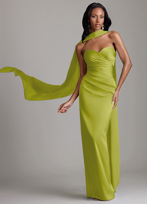 Azazie Sonora Vestidos Dama de Honor Vestido de Hierba De Limón de Satén Elástico de Corte Recto con Sin tirantes image1