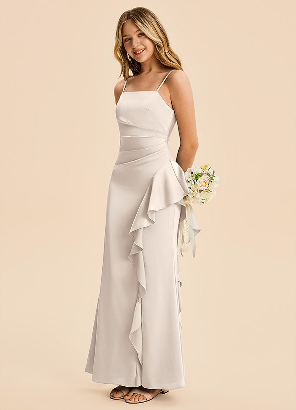 Azazie Lyla Junior White Alabaster Mermaid Pleated Stretch Satin Dress image1