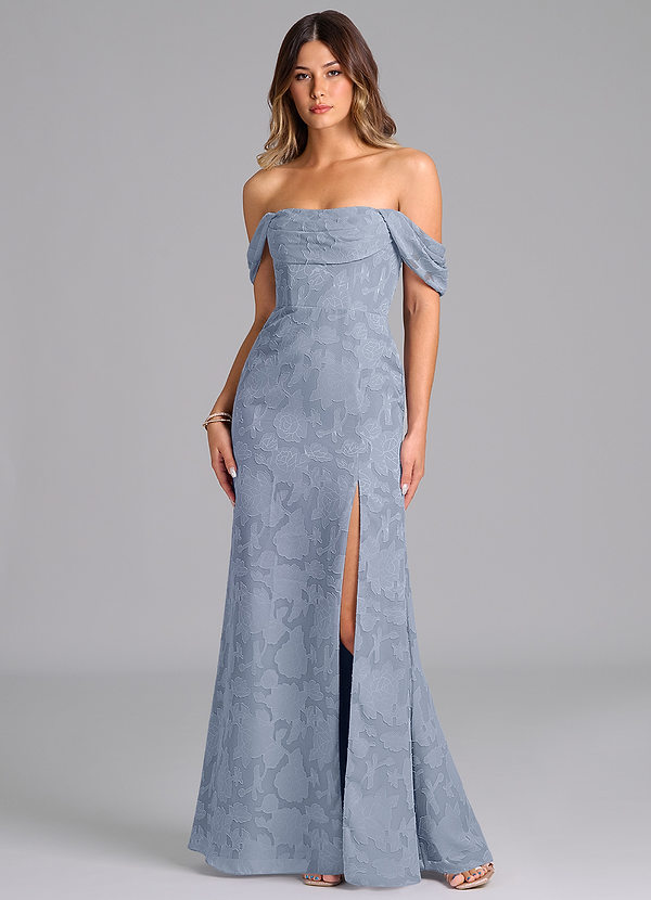 Azazie Saige Jurken voor bruidsmeisjes Converteerbaar Jurk van Bloemen Burn-out met A-Lijn Off the Shoulder Stoffig Blauw image1