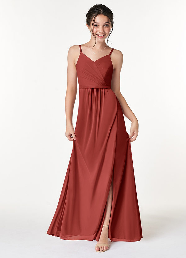 Azazie Luxy Junior Terracotta Pleated Mesh Dress image1