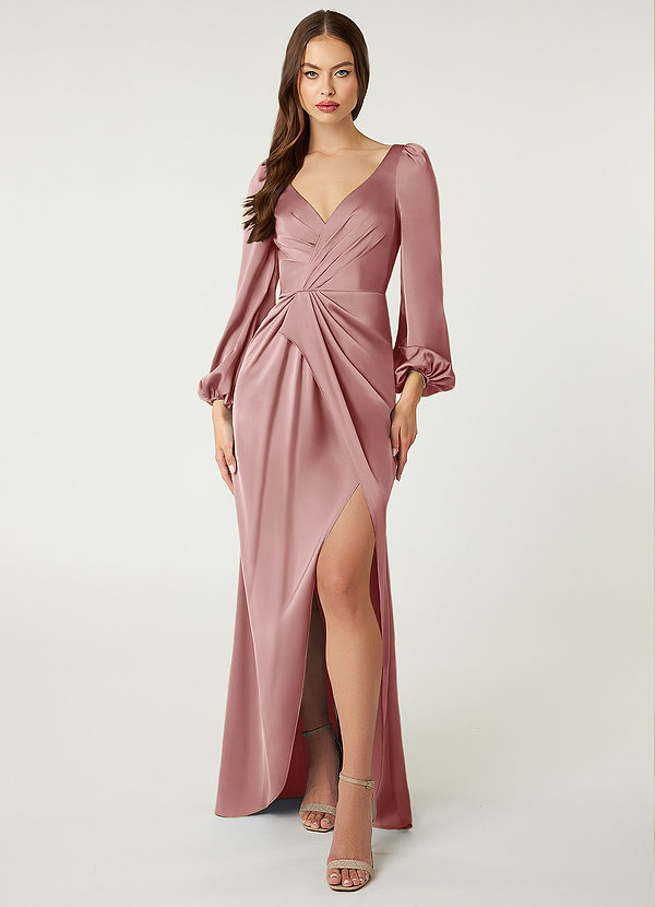 Azazie Mel Abiti da Damigella Abito Tubino in Raso Elasticizzato Manica Lunga Rosa Polverosa image1