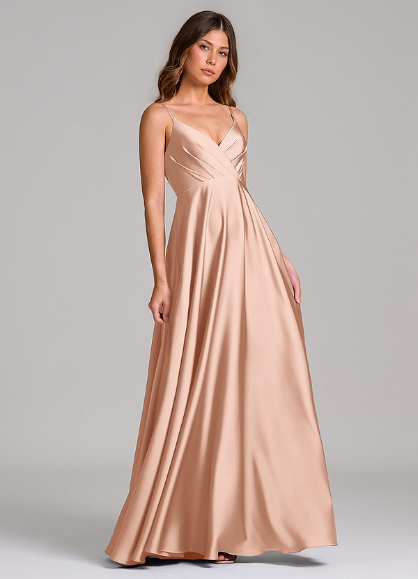 Azazie Amani Bridesmaid Dresses Rose Gold A-Line Pleated Stretch Satin Dress image1
