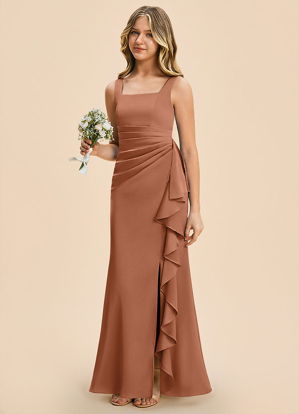 Azazie Adrienne Junior Bronzer Sheath Pleated Stretch Satin Dress image1
