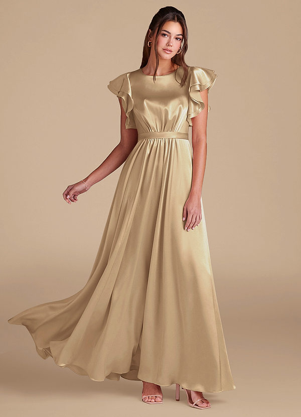 Azazie Daphne Modest Bridesmaid Dresses A-Line Ruched Metallic Satin Floor-Length Dress image1