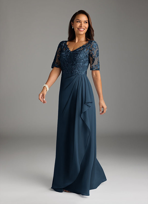 Azazie Amedeus Mother of the Brides Dresses Dark Navy A-Line V-Neck Lace Chiffon Dress image1