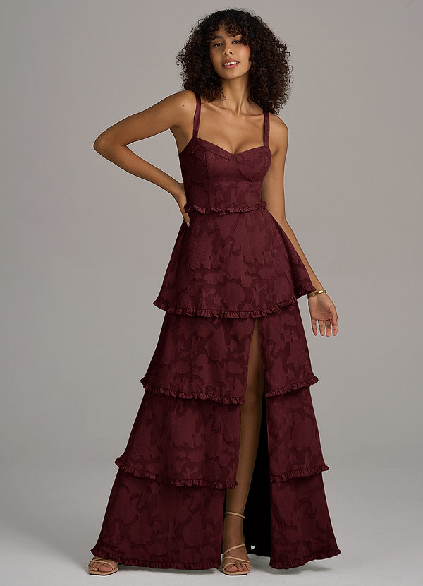 Azazie Romie Bridesmaid Dresses Cabernet A-Line Corset Floral Burnout Dress image1