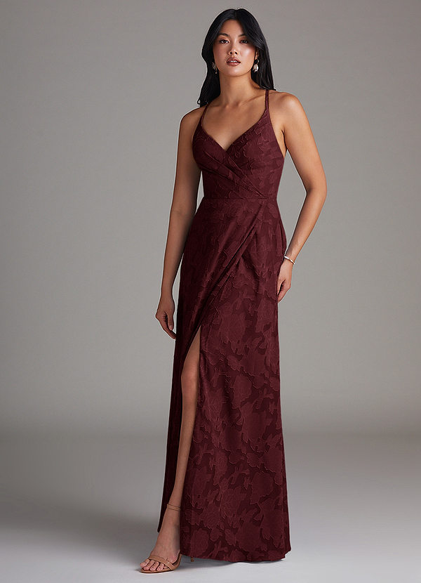 Azazie Davis Bridesmaid Dresses Cabernet A-Line Pleated Floral Burnout Dress image1