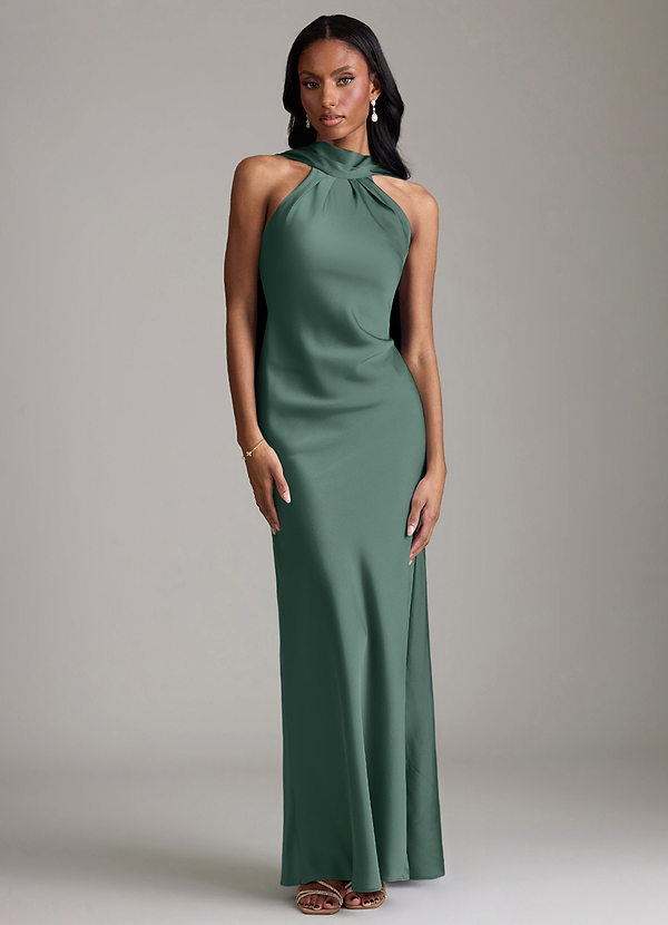 Azazie Cassiana Bruidsmeisjes Jurken Jurk van Stretch Satijn met Zeemeermin Geplooid Eucalyptus image1