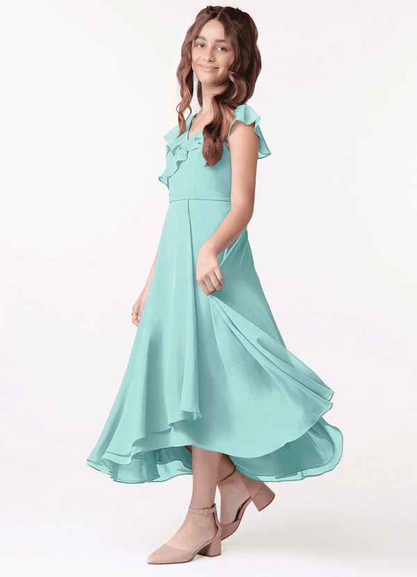 Azazie Posie Junior Aqua A-Line Ruched Chiffon Dress image1