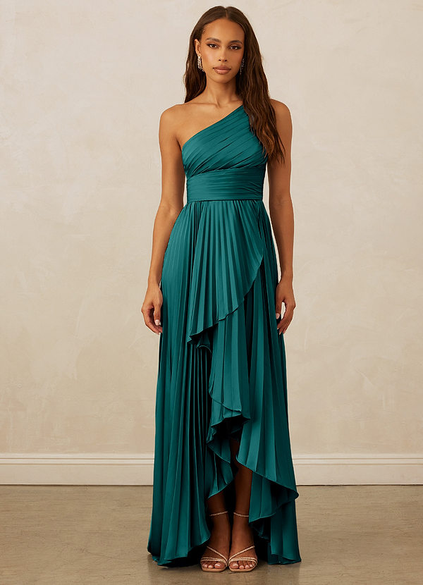 Christian Siriano Bridal for Azazie 1008 Robes Demoiselle d'honneur Robe Trapèze en Satin extensible Ue épaule Paon image1