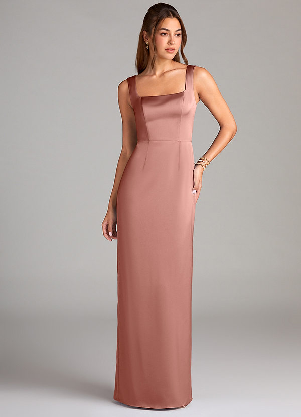 Azazie Flori Bridesmaid Dresses Rosette Sheath Side Slit Stretch Satin Dress image1