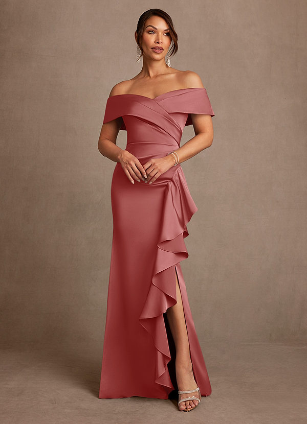 Azazie Kirsty Mother of the Brides Dresses Antique Rose Sheath Off the Shoulder Stretch Satin Dress image1