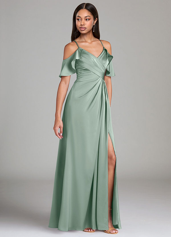 Azazie Dakota Bridesmaid Dresses Agave A-Line Off the Shoulder Stretch Satin Dress image1