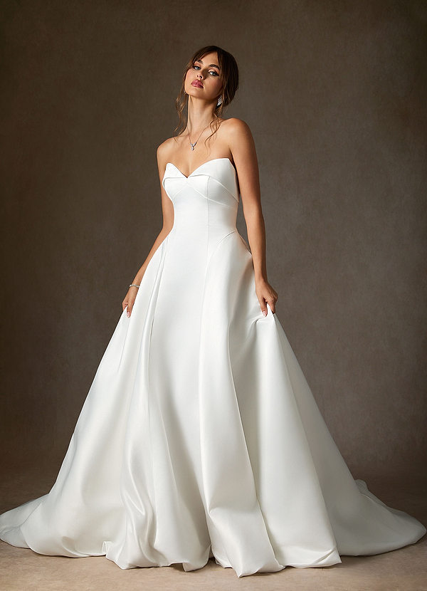 Azazie Junessa Wedding Dresses Diamond White A-Line Strapless Satin Dress image1