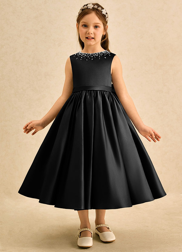 Azazie Doodle Flower Girl Dresses Black Ball-Gown Bow Matte Satin Dress image1