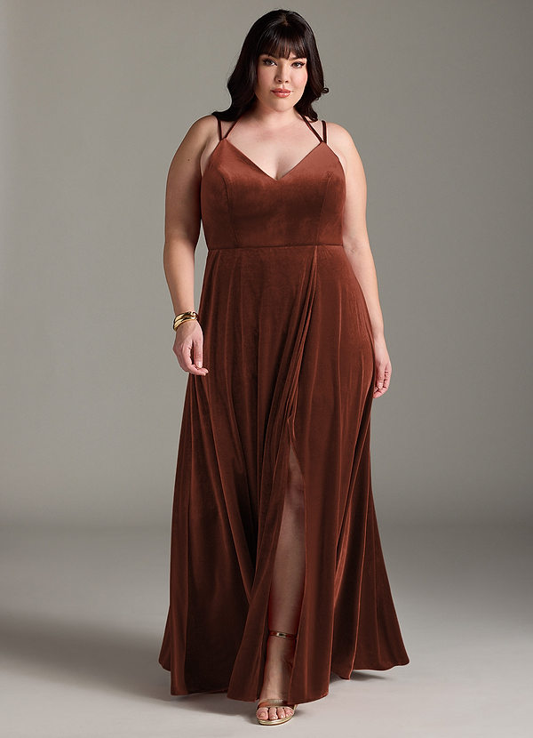 Azazie Sora Bridesmaid Dresses Terracotta A-Line Halter Bow Velvet Dress image1