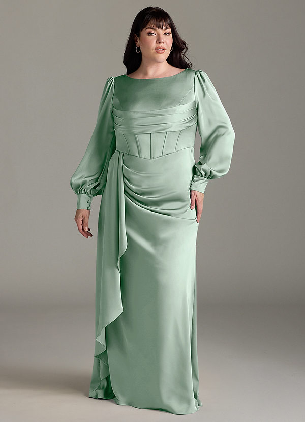 Azazie Raye Bridesmaid Dresses Agave Mermaid Long Sleeve Stretch Satin Dress image1