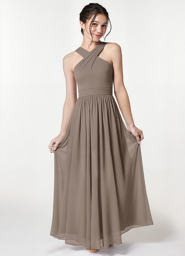 Azazie Jiya Junior Taupe A-Line Pleated Mesh Dress image1