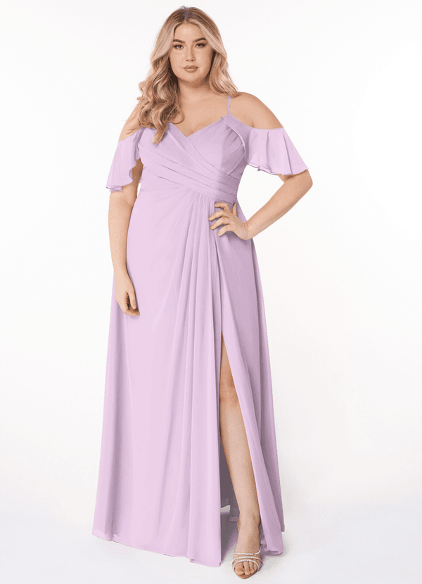 Azazie Dakota Bridesmaid Dresses Frosted Lilac A-Line V-Neck Pleated Chiffon Dress image1