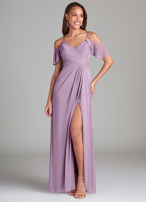 Azazie Dakota Bridesmaid Dresses Wisteria A-Line Off the Shoulder Mesh Dress image1