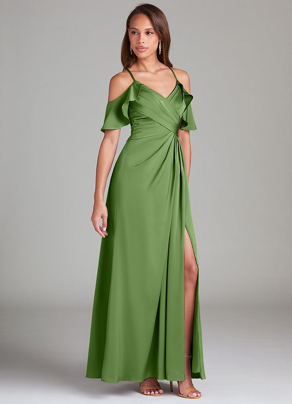 Azazie Dakota Bridesmaid Dresses Basil A-Line Off the Shoulder Stretch Satin Dress image1