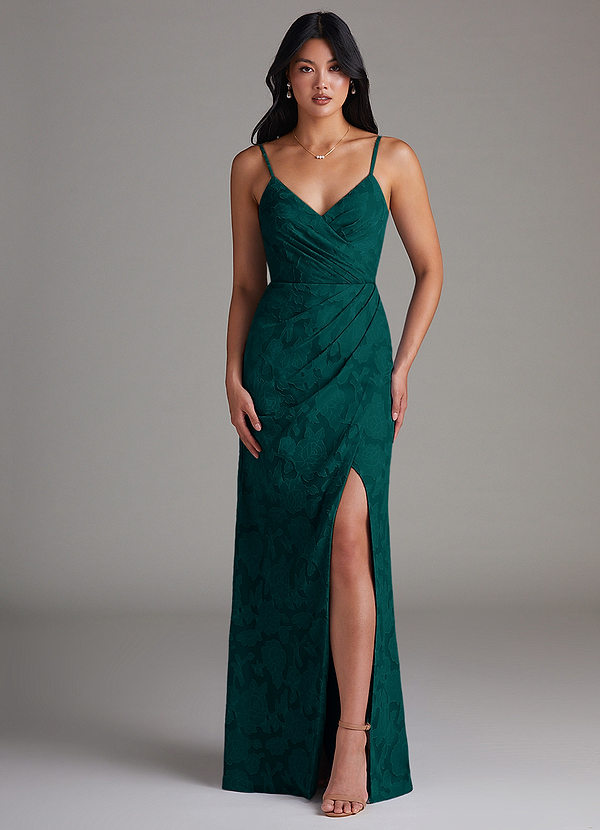 Azazie Maci Bridesmaid Dresses Pine Sheath Pleated Floral Burnout Dress image1