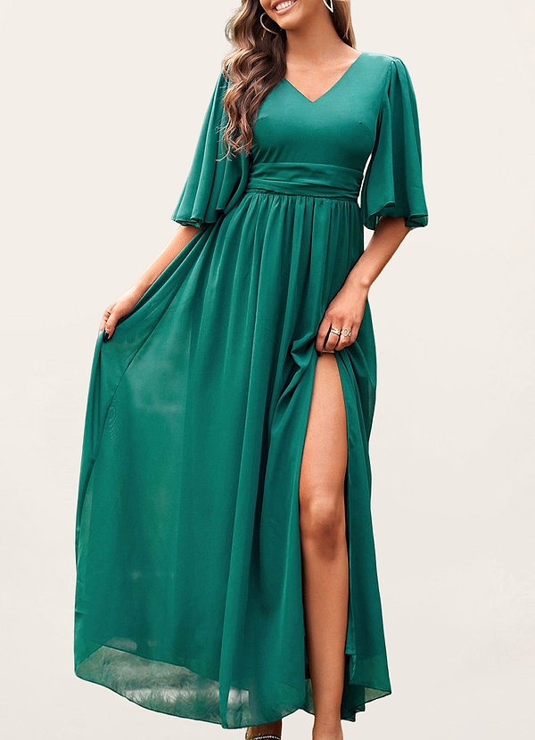 front Fete Fantasy Dark Emerald Flutter Sleeve Maxi Dress