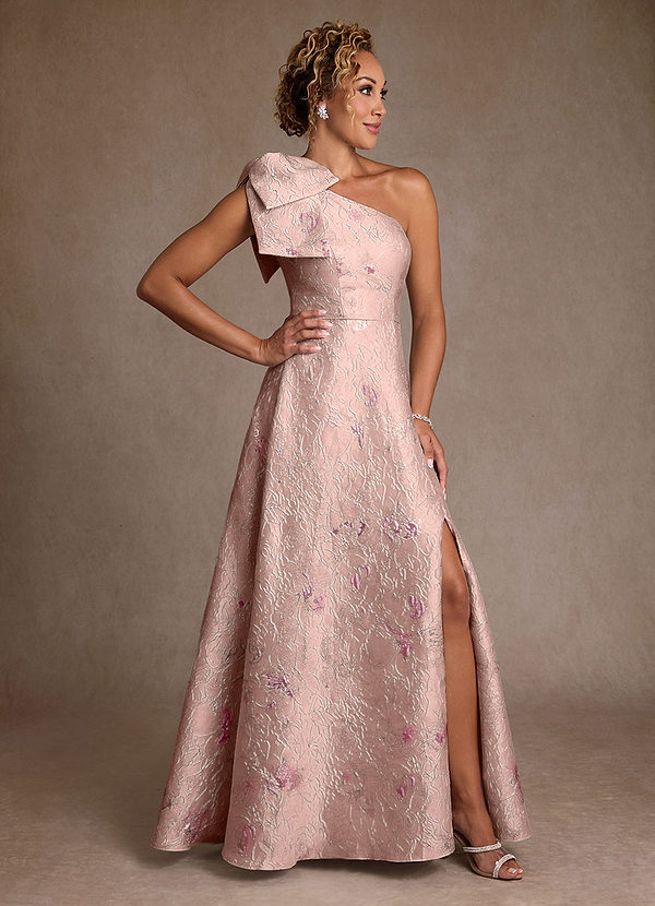 Azazie Margerie Mother of the Brides Dresses Coral Jacquard A-Line One Shoulder Floral Jacquard Dress image1