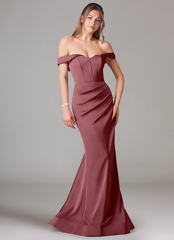 Azazie Everly Bridesmaid Dresses Desert Rose Mermaid Off the Shoulder Stretch Satin Convertible Dress image1