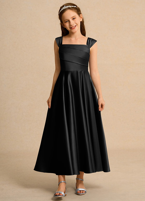 Azazie Bundle Girls Formal Flower Girl Dresses Black A-Line Pleated Matte Satin Dress image1