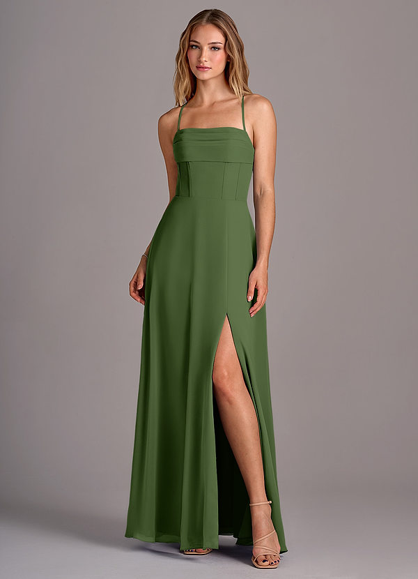 Azazie Carolyn Bridesmaid Dresses Olive A-Line Pleated Chiffon Dress image1