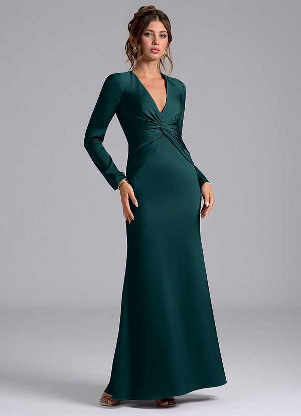 Azazie Tria Bridesmaid Dresses Pine Mermaid Long Sleeve Stretch Satin Dress image1