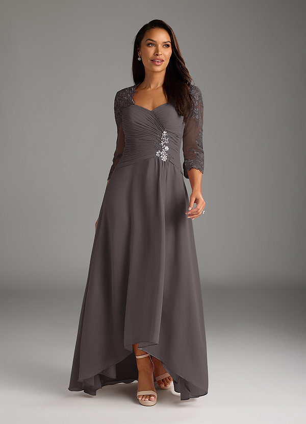 Azazie Devereaux Mother of the Brides Dresses Steel Grey A-Line Lace Chiffon Dress image1