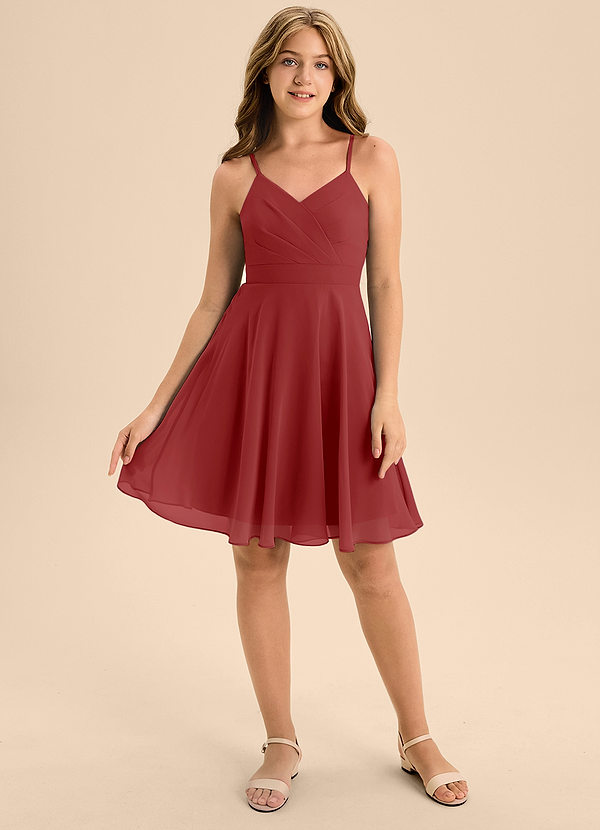 Azazie Avelina Junior Rust A-Line Pleated Chiffon Dress image1