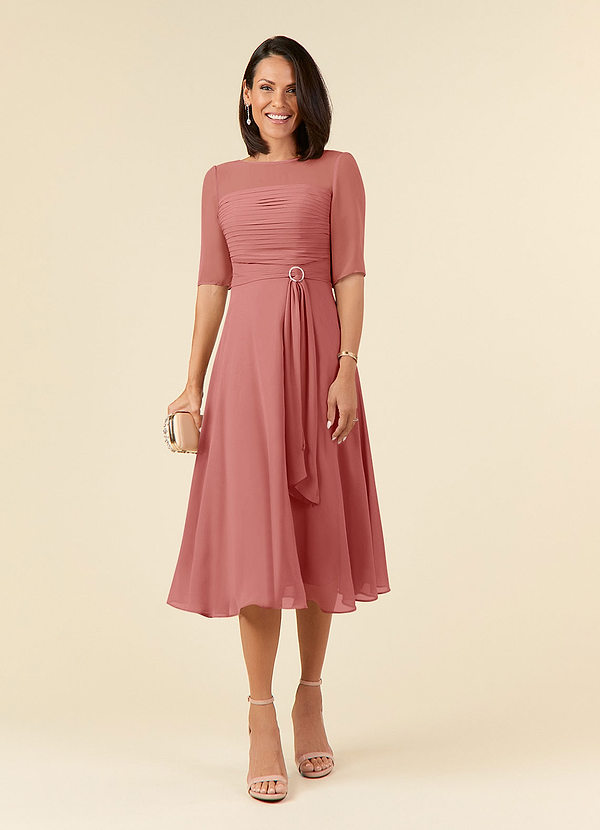 Azazie Naomi Brautmutterkleider A-Linie Bootshals Gefaltet Chiffon Kleid Antike Rose image1