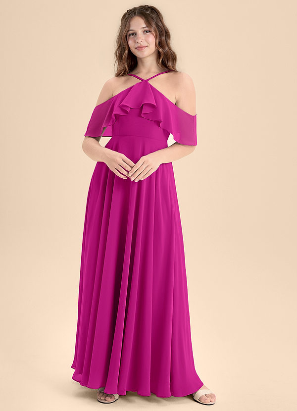 Azazie Tessabelle Junior Abito A-Line in Chiffon a Spalla Scoperta Fucsia image1